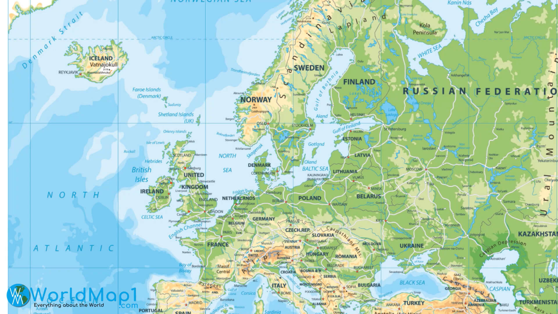 Rusya ve Avrupa ile Fiziki Harita